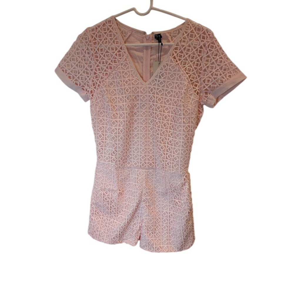 S.t. Studio Romper Pink Square Lattice V-Neck Short Sleeve Women's Size S New